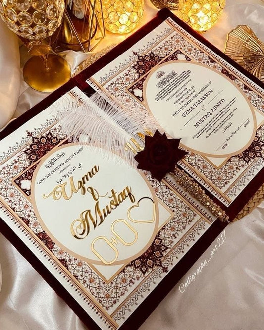 Black Velvet Personalized Nikah Nama Folder | Custom Wedding Certificate Cover with Gold Design | Glamorha - The Gift Seller