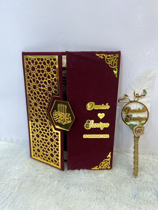 Maroon Velvet Designer Nikah Nama Set | Personalized Wedding Folder with Gold Laser Cut Design | Glamorha - The Gift Seller