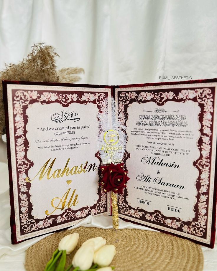 Maroon Velvet Personalized Nikah Nama Folder | Custom Wedding Certificate Cover with Gold Design| Glamorha - The Gift Seller