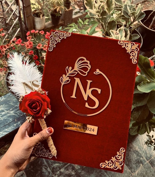 Red Velvet Personalized Nikah Nama Folder | Custom Wedding Certificate Cover with Gold Design | Glamorha - The Gift Seller
