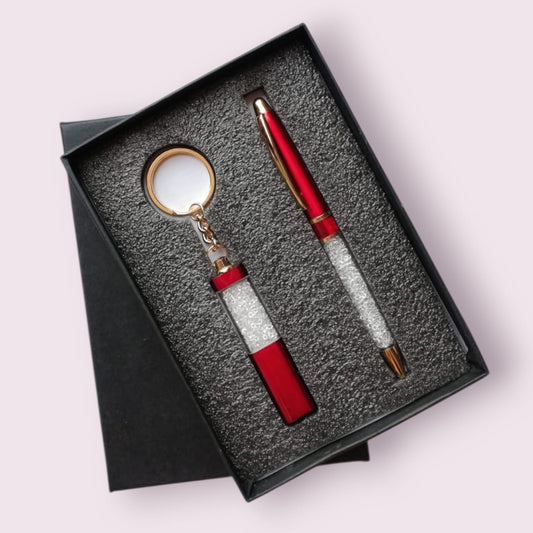 Red Crystal Diamond Pen & Keychain Gift Set – Sparkle Edition