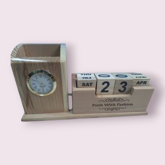 Elegant Wooden Desk Organizer – Watch, Pen Stand & Perpetual Calendar Set